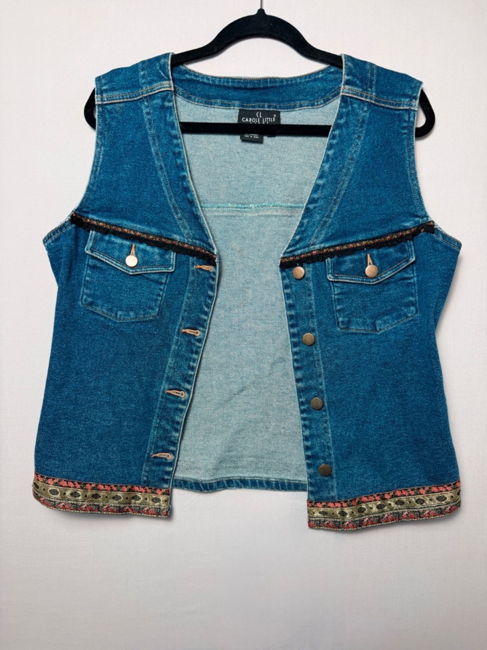Vintage Carole Little Denim Button Up Vest w/Embroidered Floral Border, Sz 12